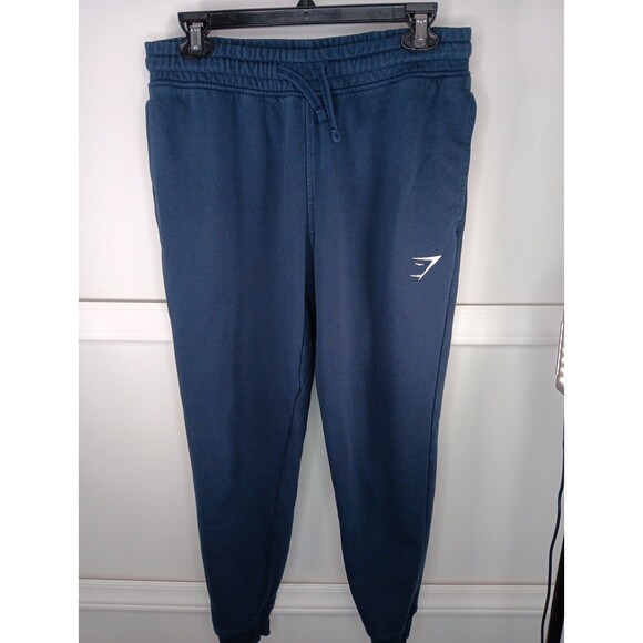 Gymshark Crest Joggers Men's Small Navy Blue Slim Fit Drawstring Pockets EUC - Picture 1 of 8